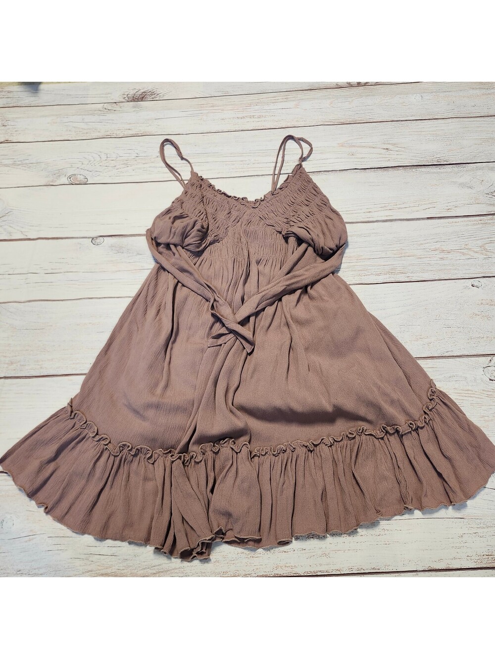Wishlist Brown Rayon Smocked Ruffle Hem Sleeveless Dress Size L